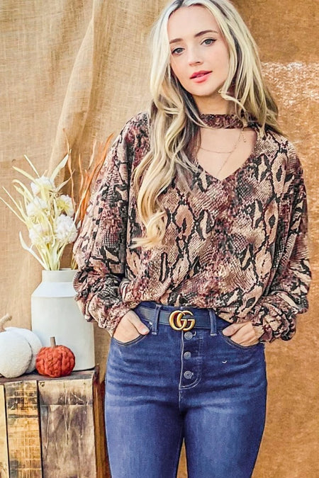 And The Why Choker Neck Dolman Sleeve Snake Print Top - S. M. & Co. Long sleeve Top