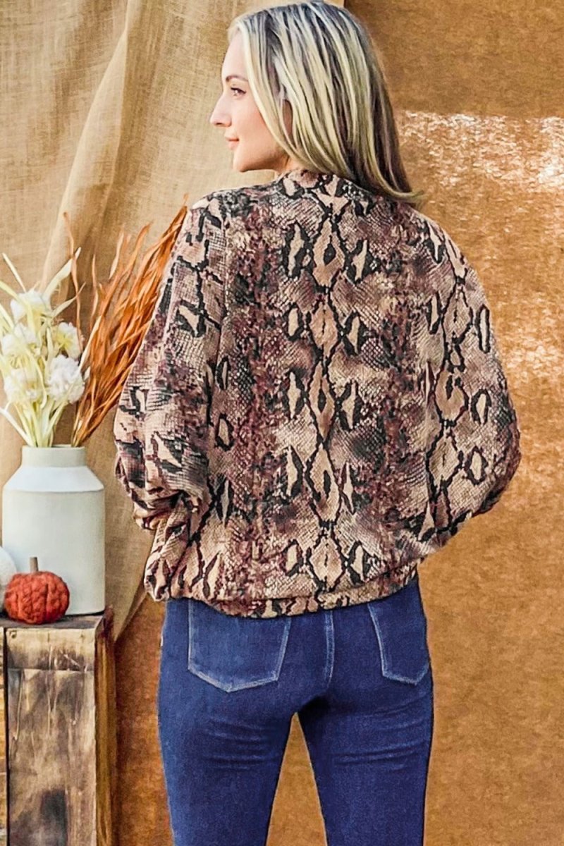 And The Why Choker Neck Dolman Sleeve Snake Print Top - S. M. & Co. Long sleeve Top