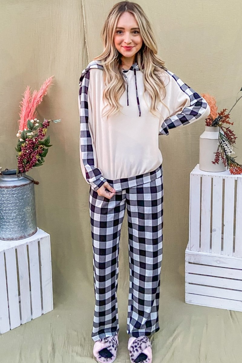 And The Why Drawstring Hooded Top and Plaid Pants Lounge Set - S. M. & Co.