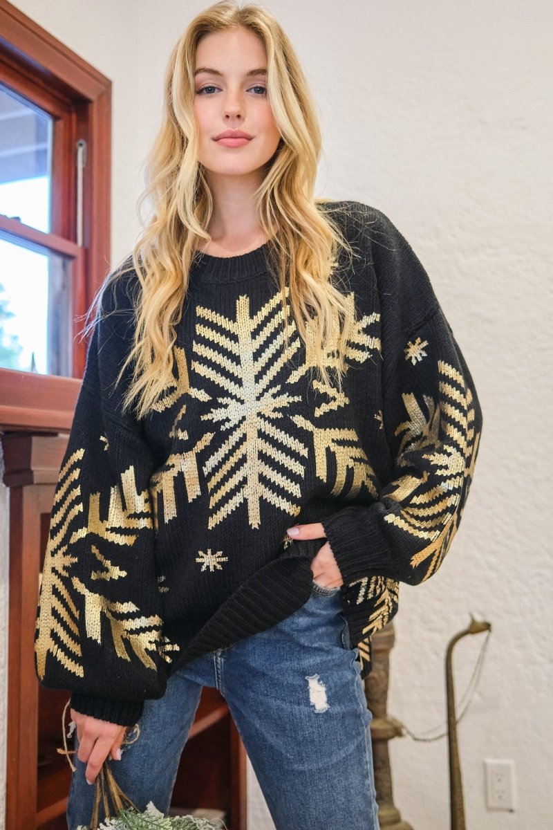 And The Why Foil Snowflake Round Neck Sweater - S. M. & Co.