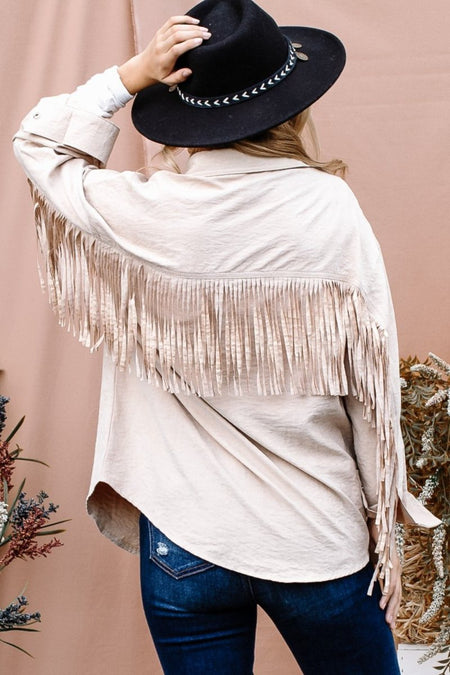 And The Why Full Size Fringe Back Detailed Button Down Shacket - S. M. & Co.