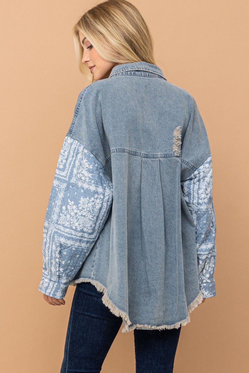 And The Why Full Size Paisley Print Quilted Sleeves Denim Jacket - S. M. & Co.