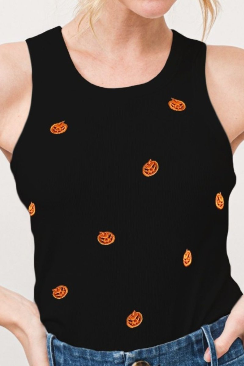 And The Why Jack O' Lantern Embroidered Ribbed Tank - S. M. & Co.