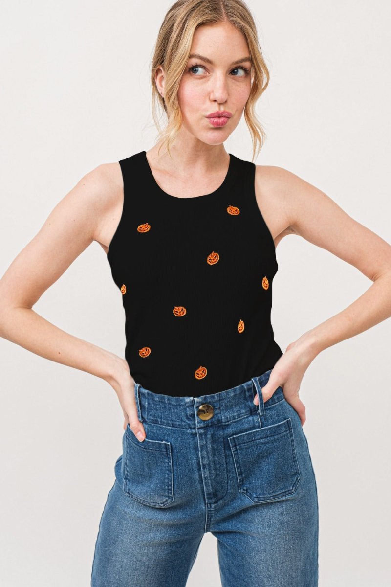 And The Why Jack O' Lantern Embroidered Ribbed Tank - S. M. & Co.