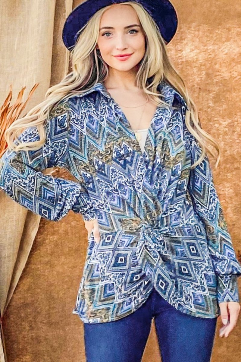 And The Why Print Twist Knot Long Sleeve Blouse - S. M. & Co.