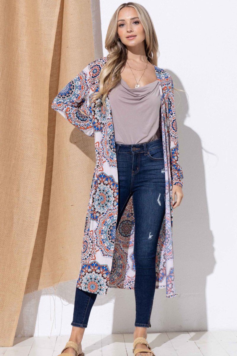 And The Why Printed Kimono Open Front Longline Cardigan - S. M. & Co.