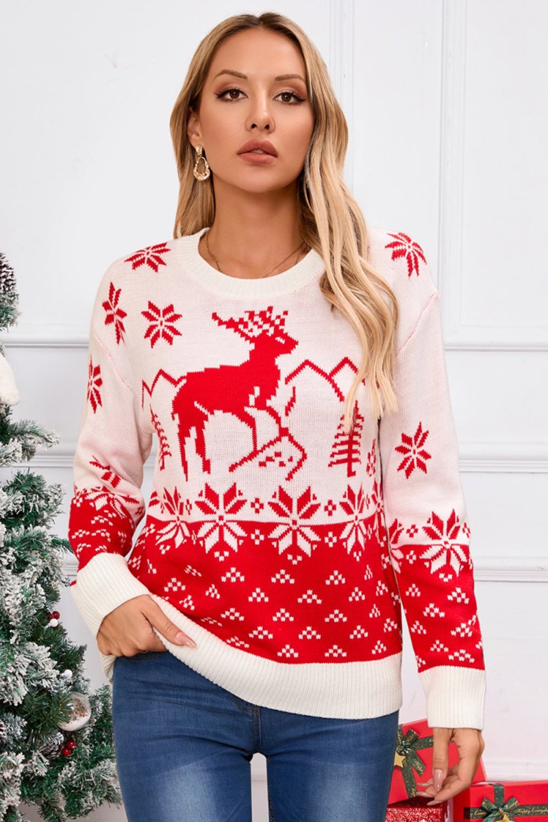 Angel Wings Deer Pattern Round Neck Long Sleeve Sweater - S. M. & Co.