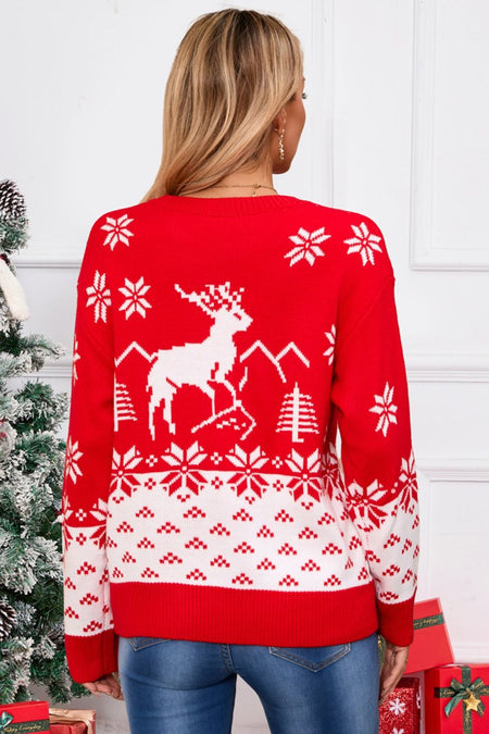 Angel Wings Deer Pattern Round Neck Long Sleeve Sweater - S. M. & Co.