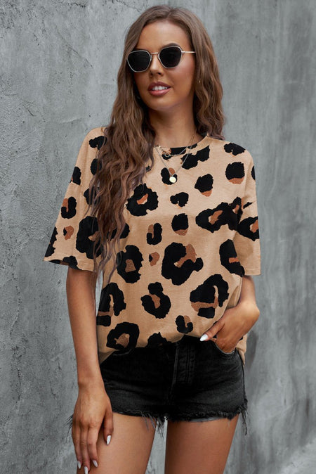 Animal Print Dropped Shoulder Round Neck T-Shirt - S. M. & Co.