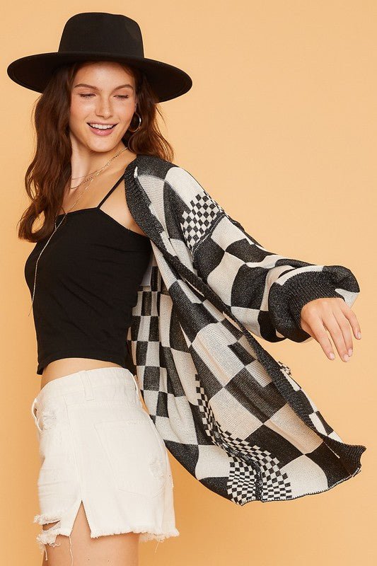 Annie Wear Checkered Open Front Drop Shoulder Cardigan - S. M. & Co.