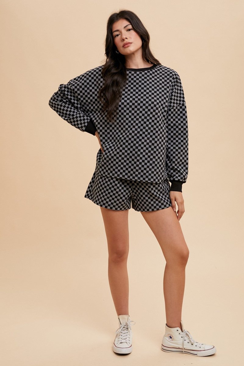 Annie Wear Checkered Round Neck Top and Drawstring Shorts Set - S. M. & Co.