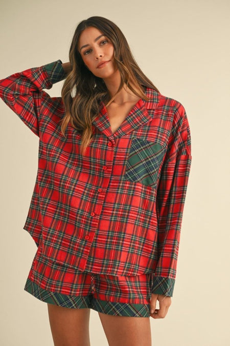 Annie Wear Contrast Plaid Long Sleeve Top and Shorts Set - S. M. & Co.