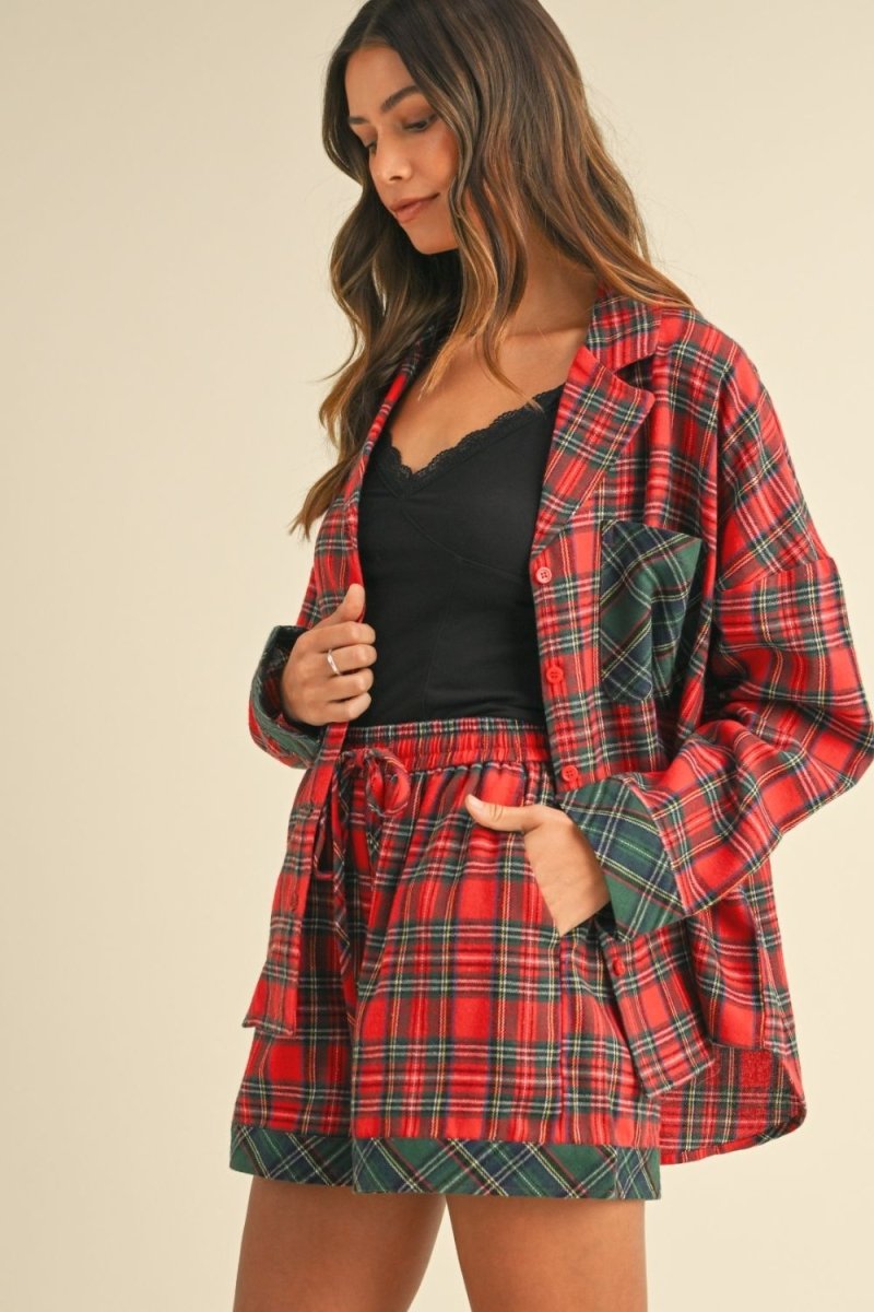 Annie Wear Contrast Plaid Long Sleeve Top and Shorts Set - S. M. & Co.