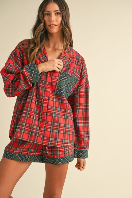 Annie Wear Contrast Plaid Long Sleeve Top and Shorts Set - S. M. & Co.