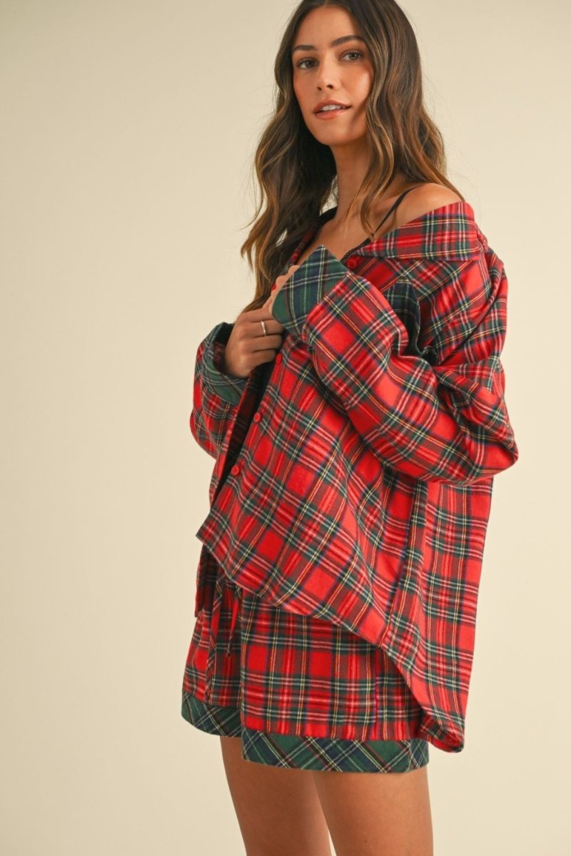 Annie Wear Contrast Plaid Long Sleeve Top and Shorts Set - S. M. & Co.