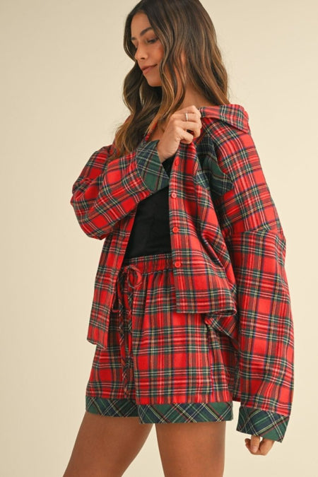 Annie Wear Contrast Plaid Long Sleeve Top and Shorts Set - S. M. & Co.