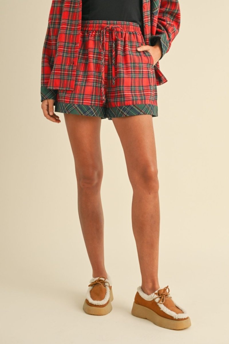 Annie Wear Contrast Plaid Long Sleeve Top and Shorts Set - S. M. & Co.