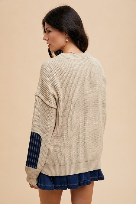 Annie Wear Contrast Round Neck Drop Shoulder Sweater with Patch Pocket - S. M. & Co.