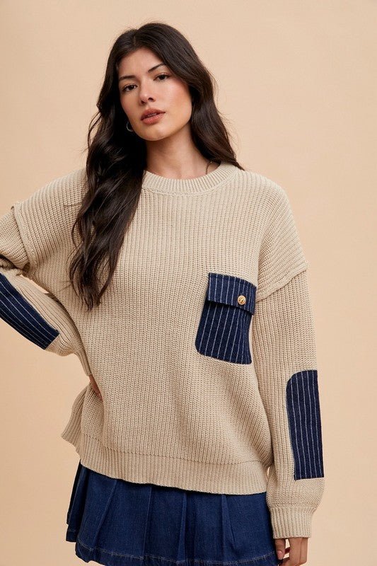 Annie Wear Contrast Round Neck Drop Shoulder Sweater with Patch Pocket - S. M. & Co.