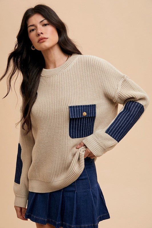 Annie Wear Contrast Round Neck Drop Shoulder Sweater with Patch Pocket - S. M. & Co.