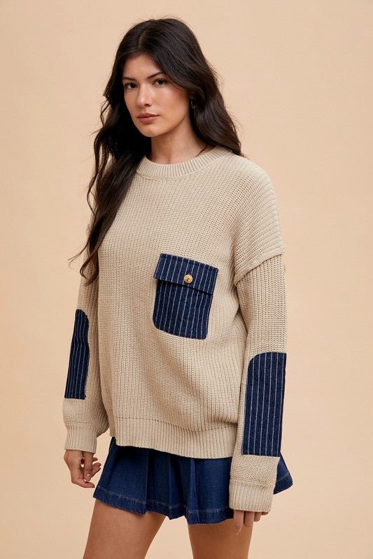 Annie Wear Contrast Round Neck Drop Shoulder Sweater with Patch Pocket - S. M. & Co.