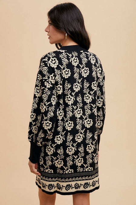 Annie Wear Floral Jacquard Round Neck Sweater Dress - S. M. & Co.