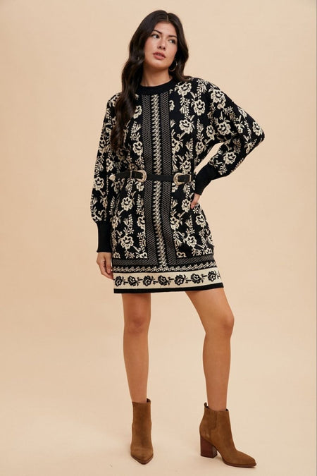 Annie Wear Floral Jacquard Round Neck Sweater Dress - S. M. & Co.