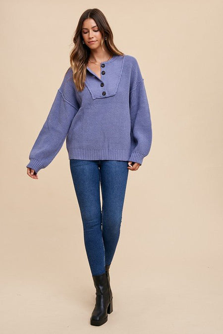 Annie Wear Half Button Ribbed Hem Sweater - S. M. & Co.