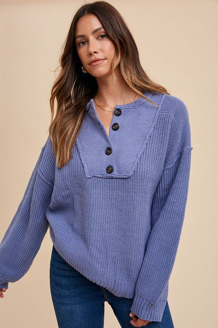 Annie Wear Half Button Ribbed Hem Sweater - S. M. & Co.