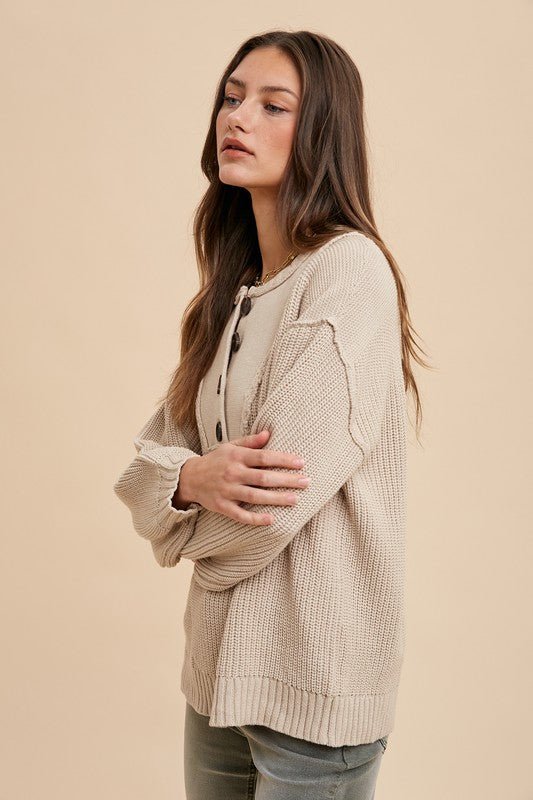 Annie Wear Half Button Ribbed Hem Sweater - S. M. & Co.