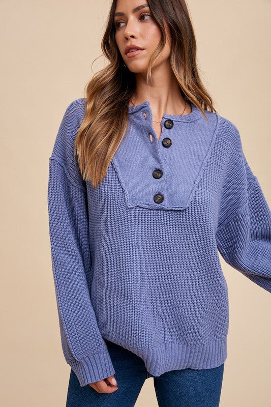 Annie Wear Half Button Ribbed Hem Sweater - S. M. & Co.