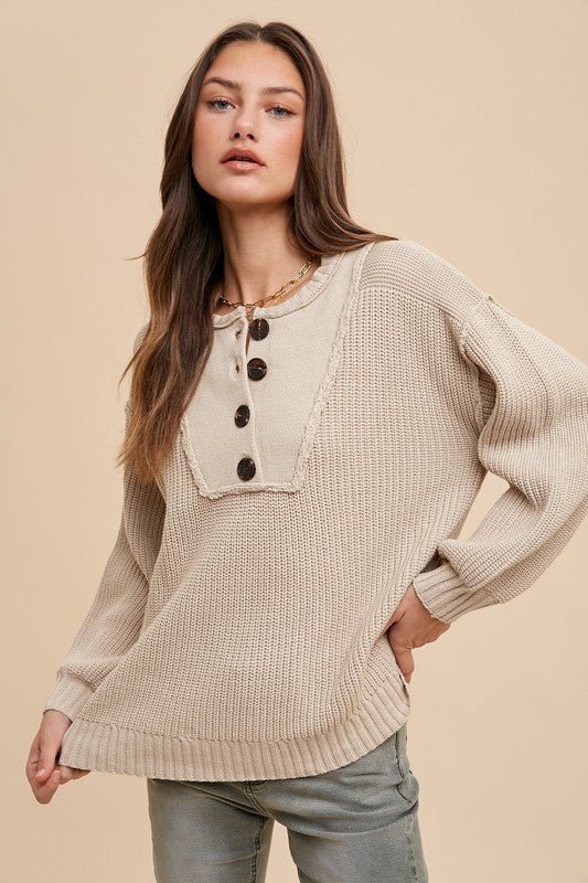 Annie Wear Half Button Ribbed Hem Sweater - S. M. & Co.