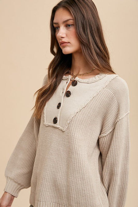 Annie Wear Half Button Ribbed Hem Sweater - S. M. & Co.