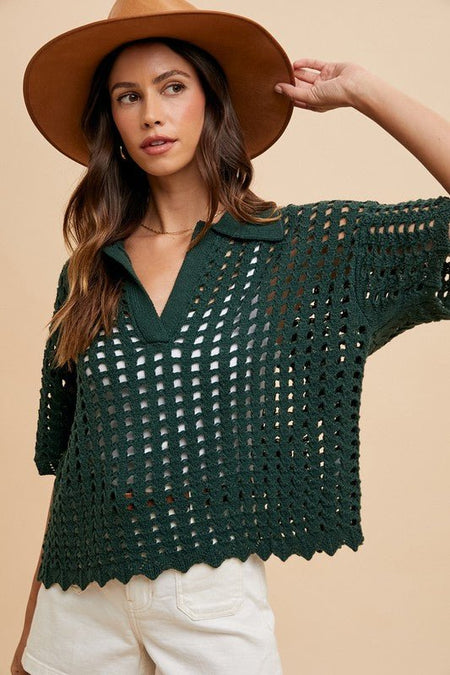 Annie Wear Openwork Johnny Collar Knit Cover Up - S. M. & Co.