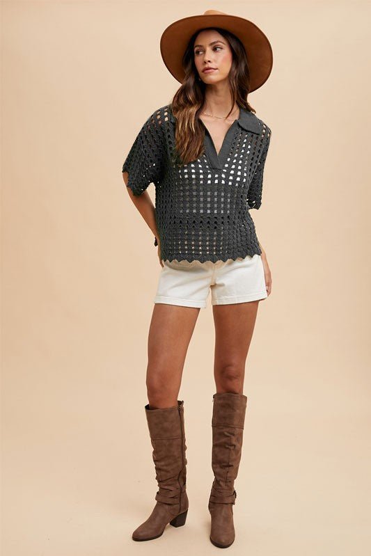 Annie Wear Openwork Johnny Collar Knit Cover Up - S. M. & Co.