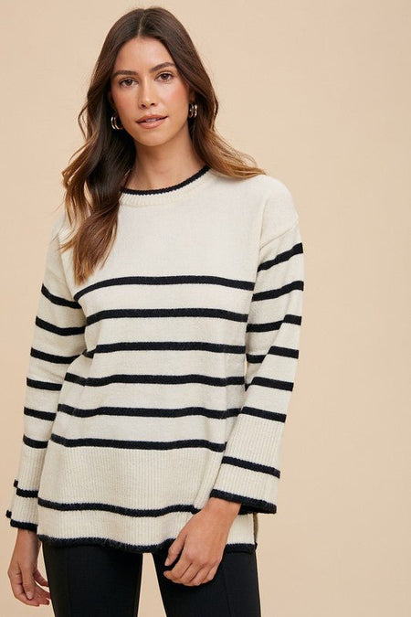 Annie Wear Side Slit Striped Round Neck Sweater - S. M. & Co.