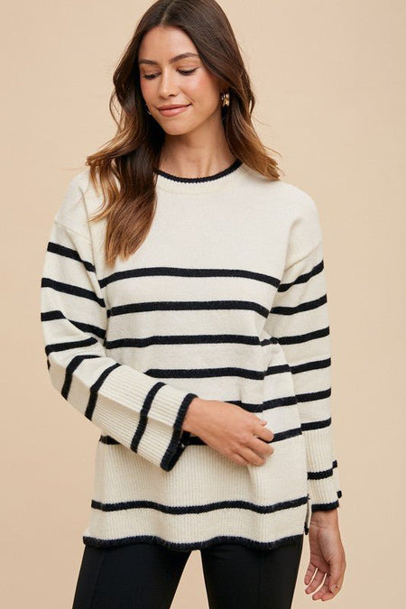 Annie Wear Side Slit Striped Round Neck Sweater - S. M. & Co.