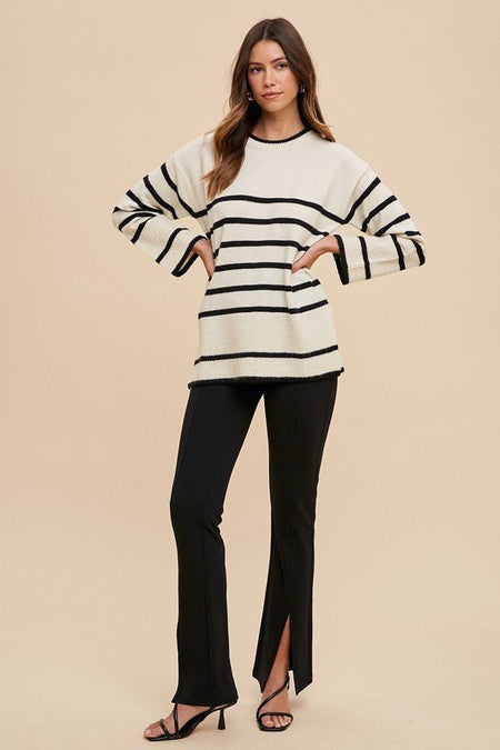 Annie Wear Side Slit Striped Round Neck Sweater - S. M. & Co.