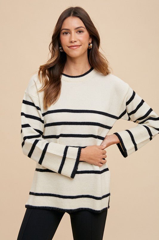 Annie Wear Side Slit Striped Round Neck Sweater - S. M. & Co.