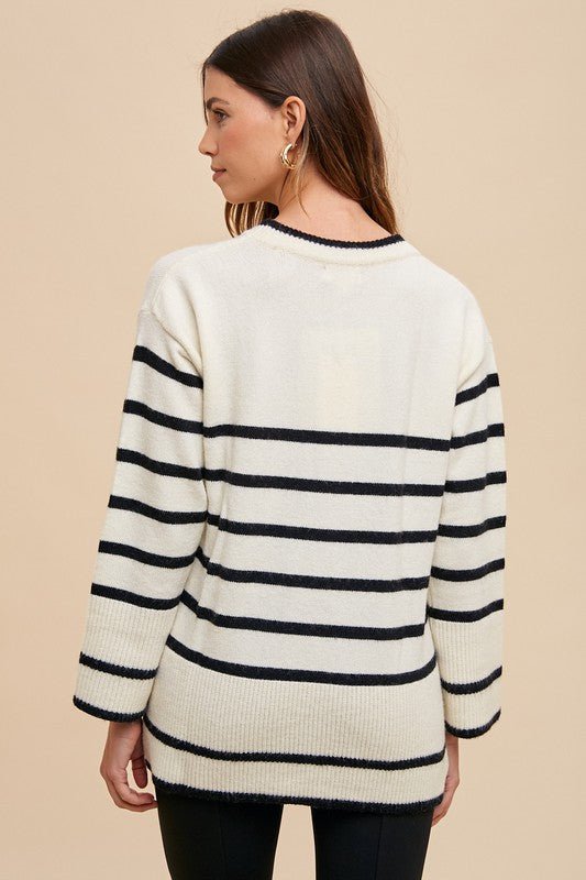 Annie Wear Side Slit Striped Round Neck Sweater - S. M. & Co.