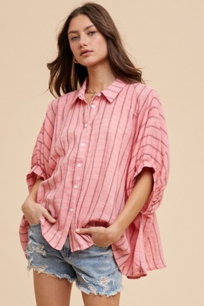 Annie Wear Striped Button Up Half Sleeve Shirt - S. M. & Co.