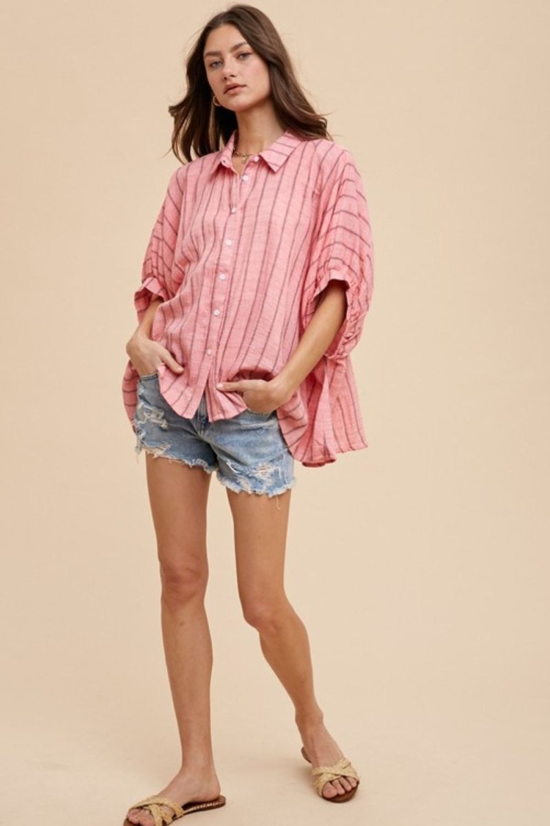 Annie Wear Striped Button Up Half Sleeve Shirt - S. M. & Co.