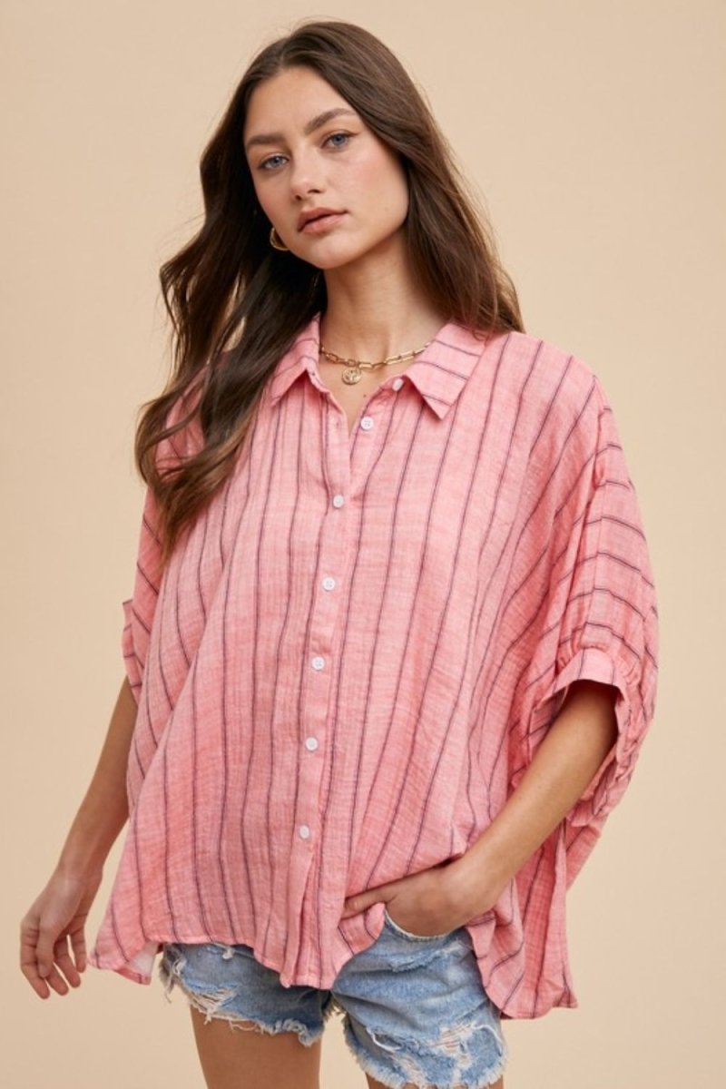 Annie Wear Striped Button Up Half Sleeve Shirt - S. M. & Co.