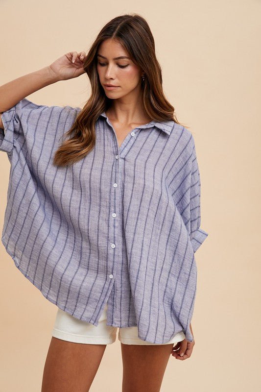 Annie Wear Striped Button Up Half Sleeve Shirt - S. M. & Co.