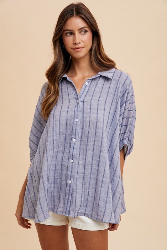 Annie Wear Striped Button Up Half Sleeve Shirt - S. M. & Co.