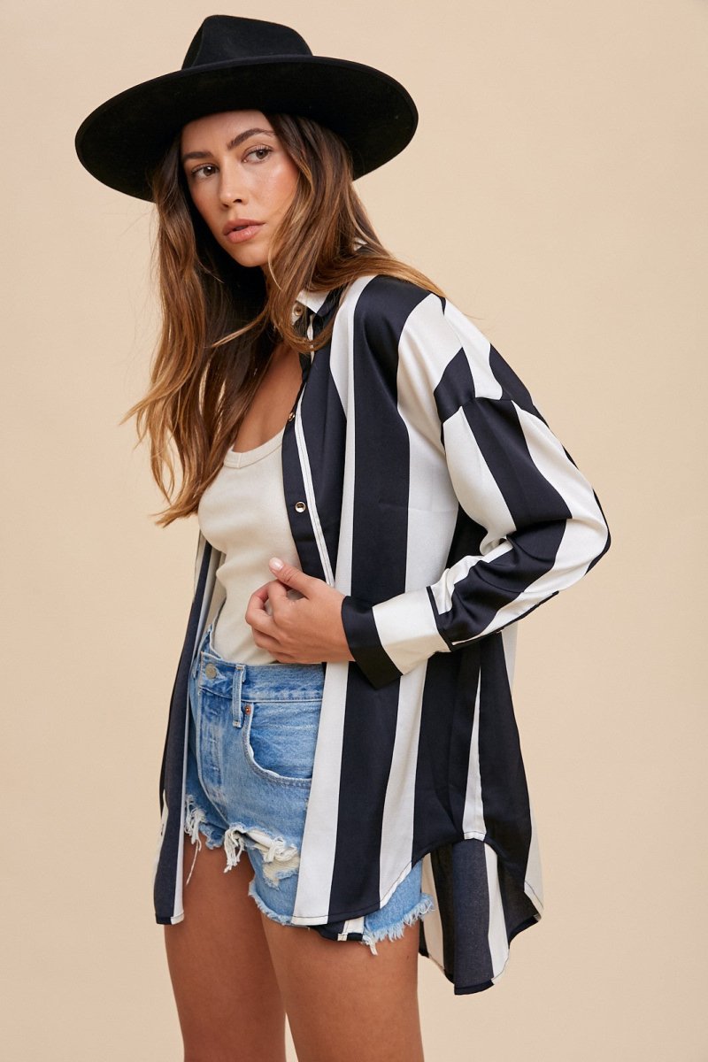 Annie Wear Striped Dropped Shoulder Button Up Shirt - S. M. & Co.