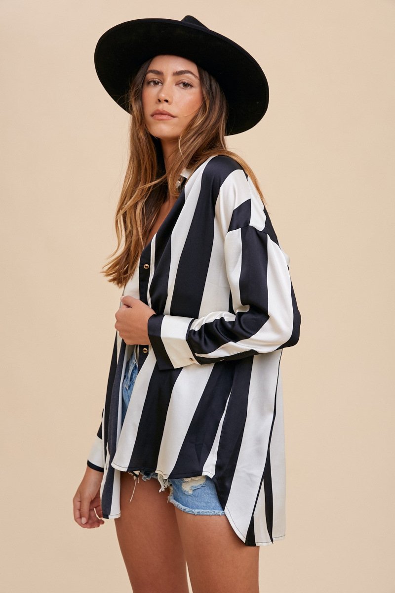 Annie Wear Striped Dropped Shoulder Button Up Shirt - S. M. & Co.