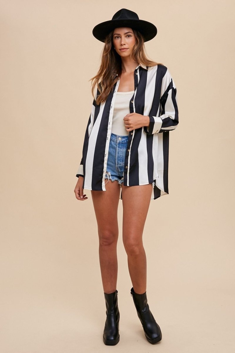 Annie Wear Striped Dropped Shoulder Button Up Shirt - S. M. & Co.