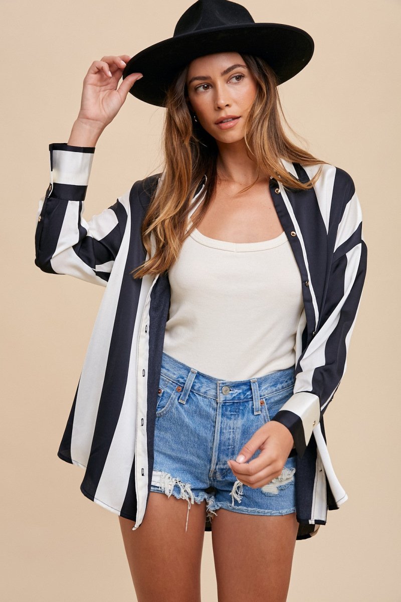 Annie Wear Striped Dropped Shoulder Button Up Shirt - S. M. & Co.