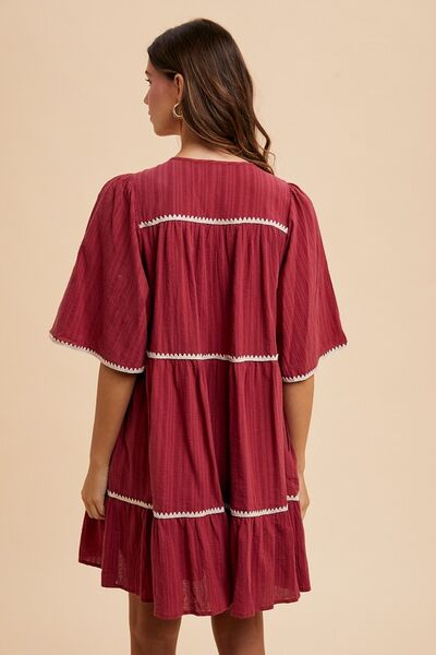 Annie Wear Tassel Contrast Trim Tie Neck Half Sleeve Tiered Dress - S. M. & Co.